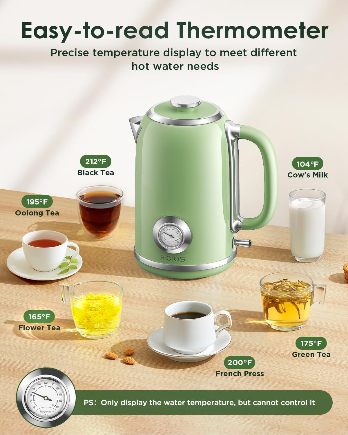 image:imageElectric Kettle 18L with Temperature Gauge 1500W Fast Boiling Electric Tea Kettle 100 Stainless Steel RetroStyle Hot Water Kettle Electric Glowing LED Light Auto ShutOff amp BoilDry ProtectionGreen