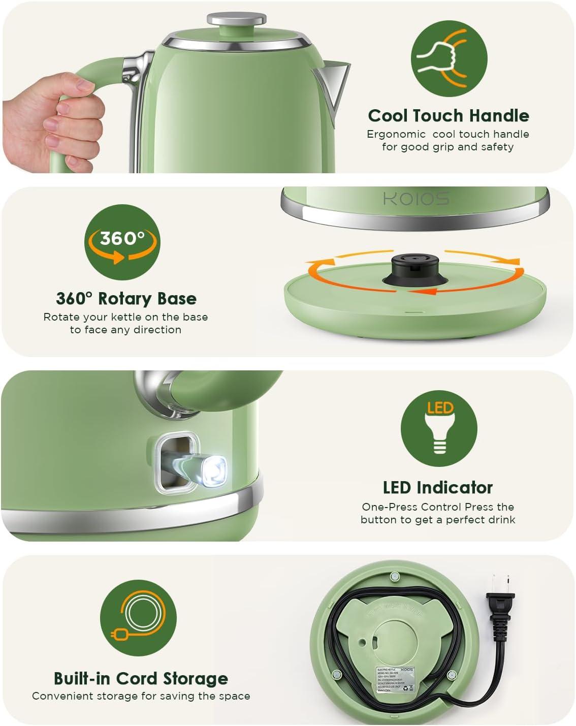 image:imageElectric Kettle 18L with Temperature Gauge 1500W Fast Boiling Electric Tea Kettle 100 Stainless Steel RetroStyle Hot Water Kettle Electric Glowing LED Light Auto ShutOff amp BoilDry ProtectionGreen