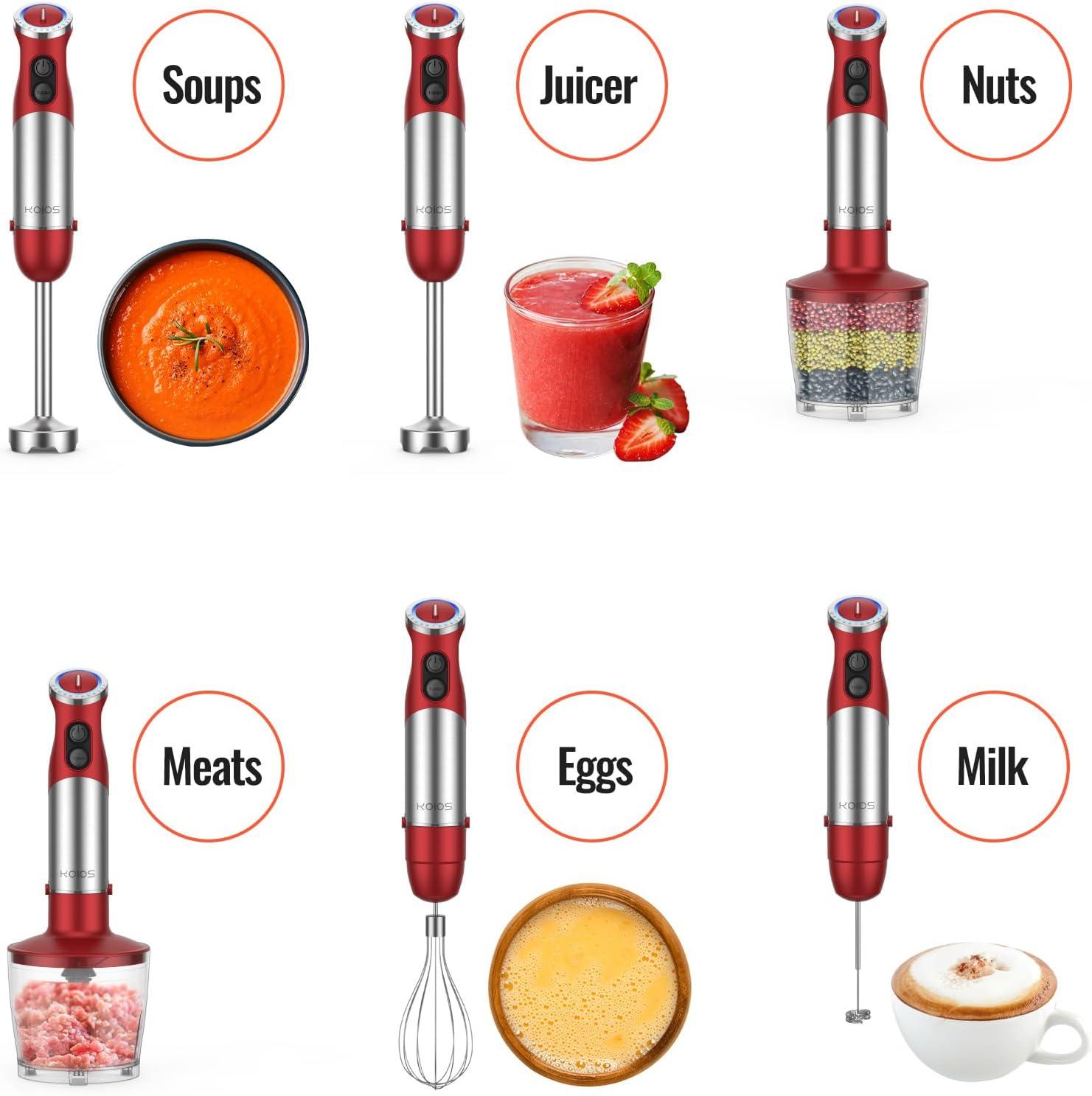 image:imageKOIOS 5in1 Hand Immersion Blender 12 Speed Adjustable Emulsifier Handheld Blender 1000W Copper Motor Stainless Steel Blade Hand Mixer with attachments BlueRed