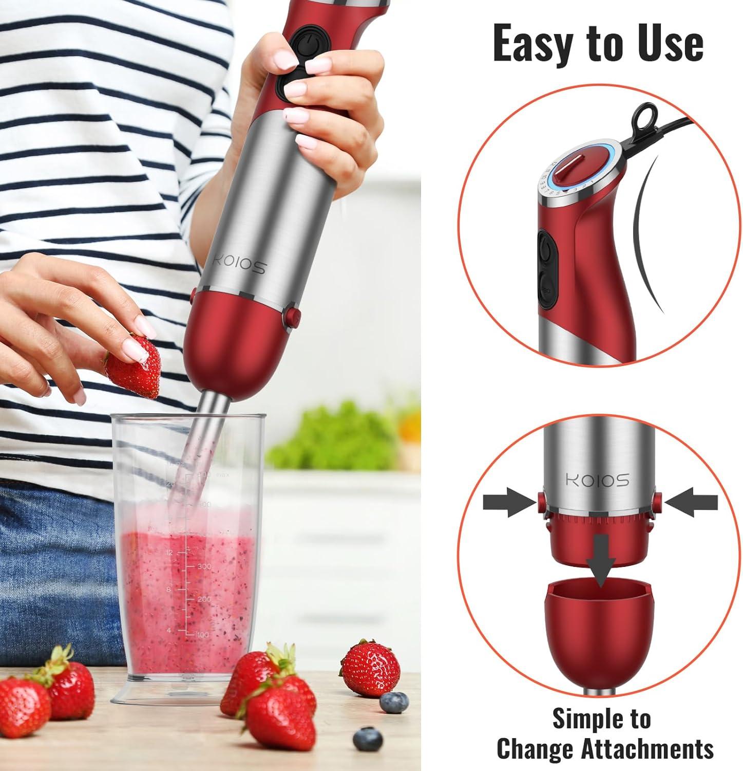 image:imageKOIOS 5in1 Hand Immersion Blender 12 Speed Adjustable Emulsifier Handheld Blender 1000W Copper Motor Stainless Steel Blade Hand Mixer with attachments BlueRed