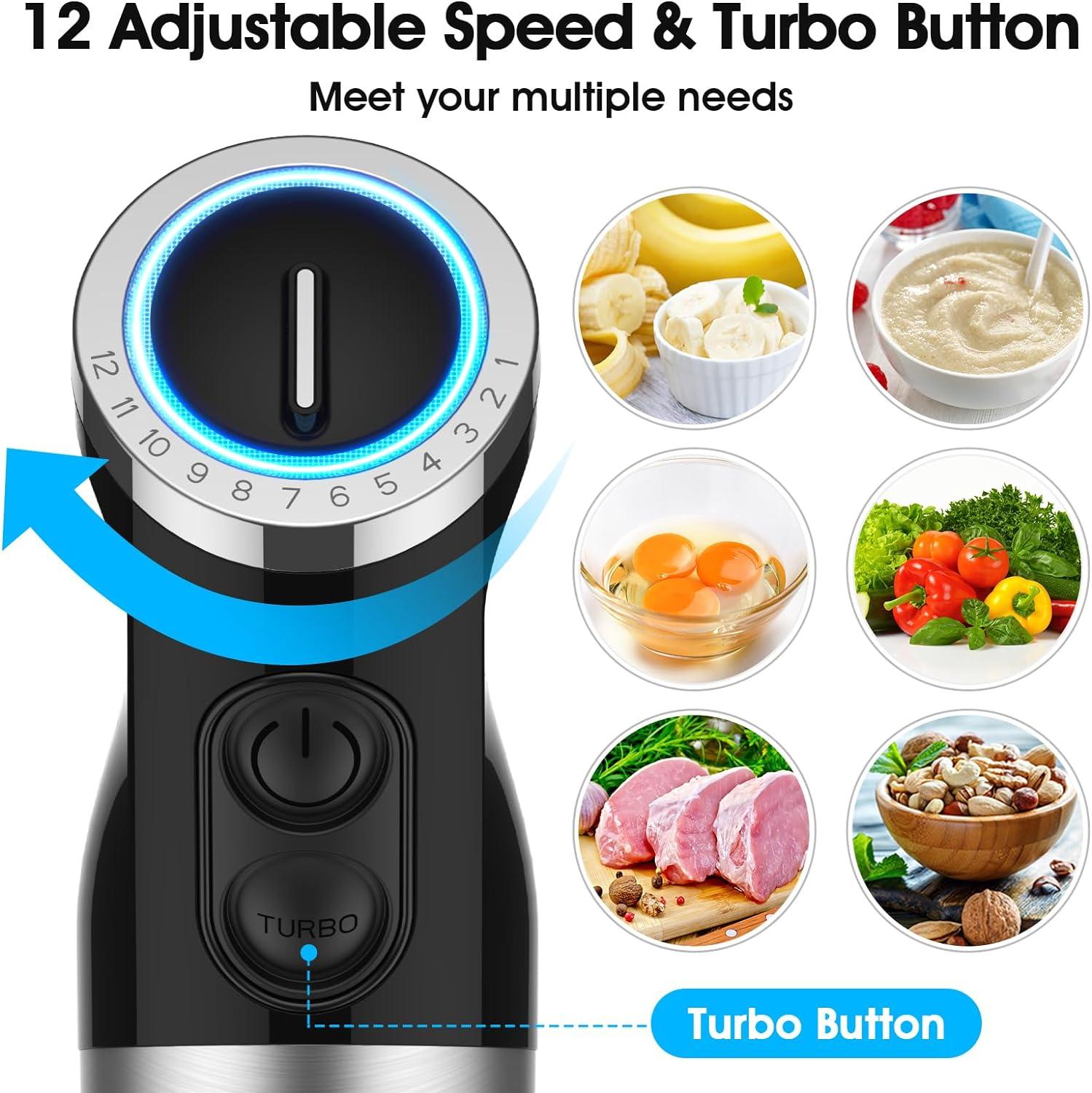 image:imageKOIOS 5in1 Hand Immersion Blender 12 Speed Adjustable Emulsifier Handheld Blender 1000W Copper Motor Stainless Steel Blade Hand Mixer with attachments BlueBlack
