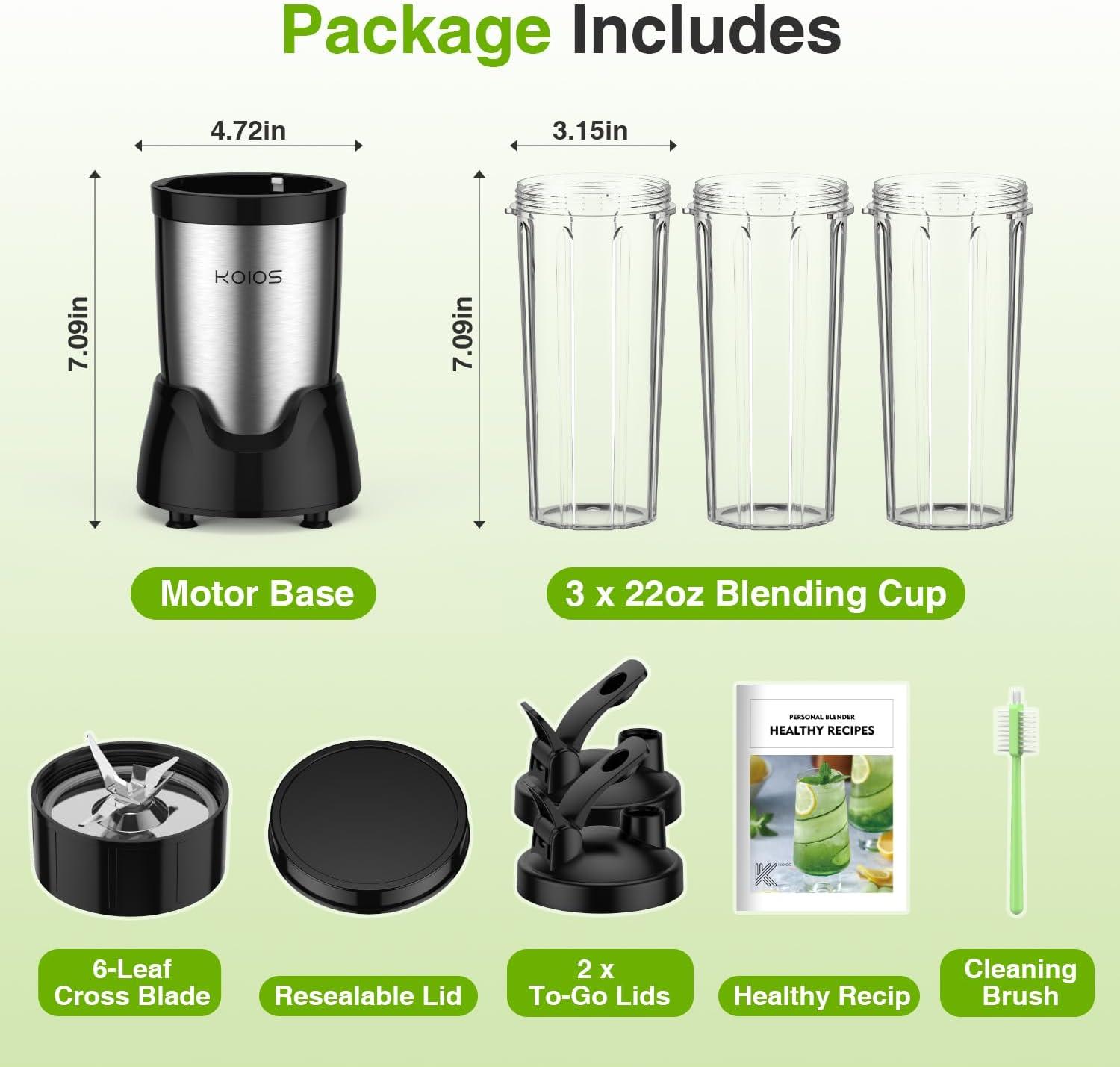 image:imageKOIOS Blender for SmoothiesPersonal Blender for Shakes and Smoothies with 3 22oz ToGo Cups22000 RPM Smoothie MakerDetachable 6leaf Blade Portable Blenders for kitchenBlackBlack