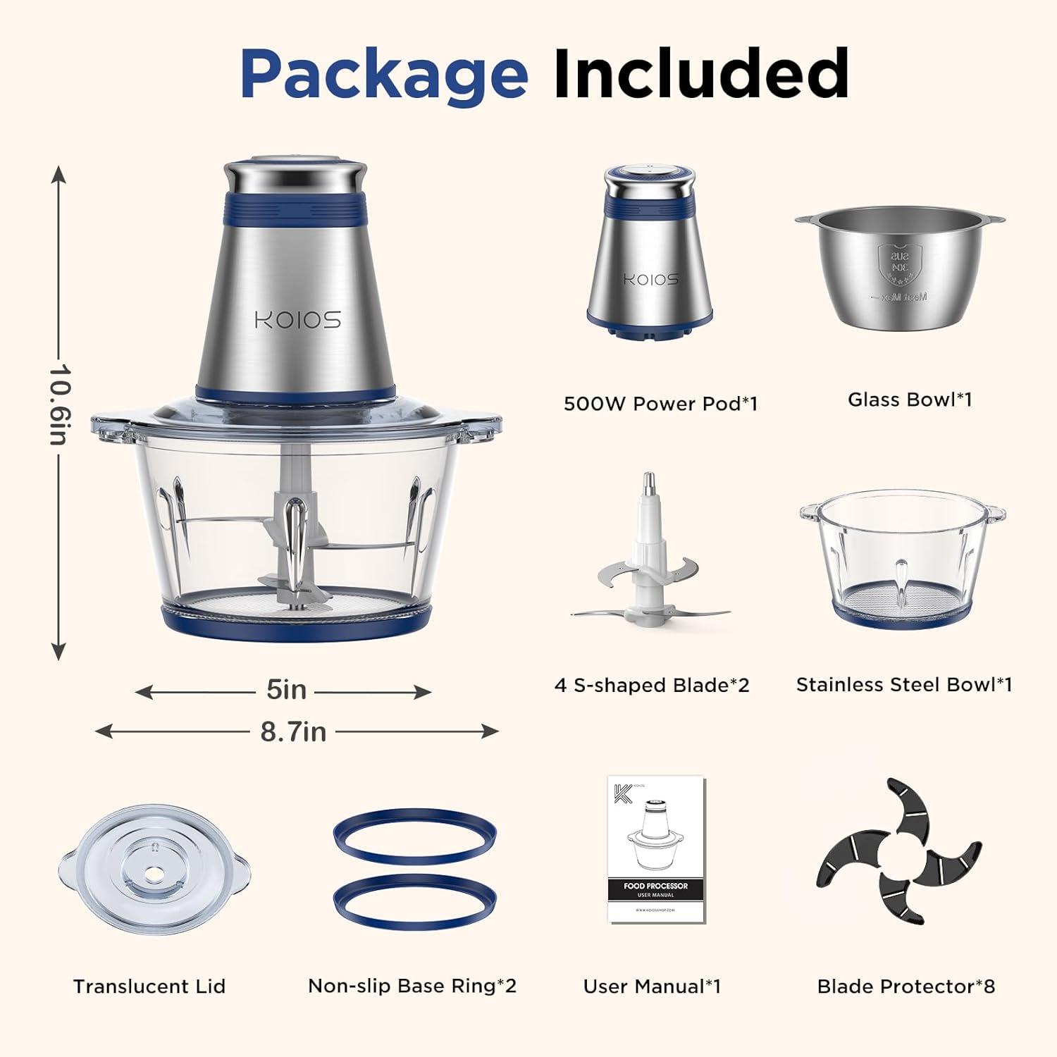 image:imageKOIOS Food Processor 500W Electric Food Chopper with 2 Bowls 8 Cup8 Cup amp 2 BiLevel Bladesamp Small Electric Grinder Meat Processor for Nuts Meat Onion Garlic Baby Food BlueBlue
