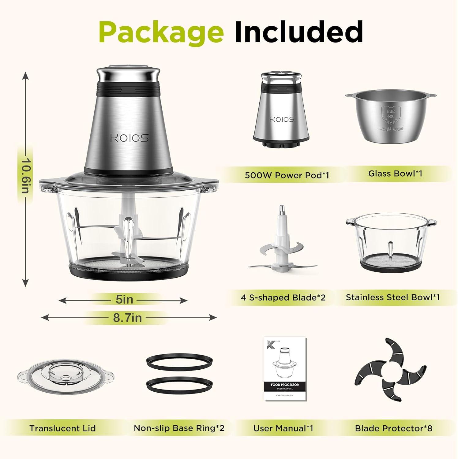 image:imageKOIOS Food Processor 500W Electric Food Chopper with 2 Bowls 8 Cup8 Cup amp 2 BiLevel Bladesamp Small Electric Grinder Meat Processor for Nuts Meat Onion Garlic Baby Food BlueBlack