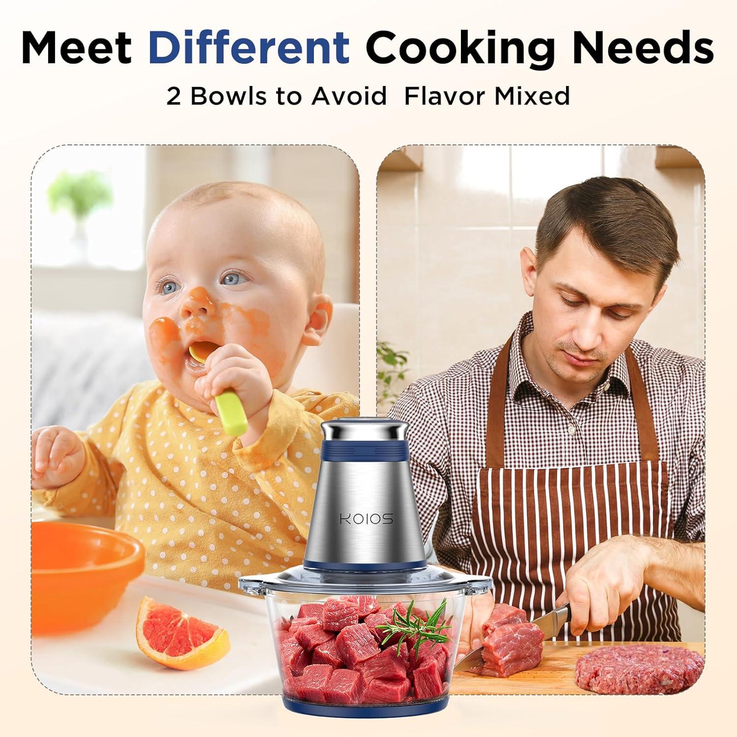image:imageKOIOS Food Processor 500W Electric Food Chopper with 2 Bowls 8 Cup8 Cup amp 2 BiLevel Bladesamp Small Electric Grinder Meat Processor for Nuts Meat Onion Garlic Baby Food BlueBlue