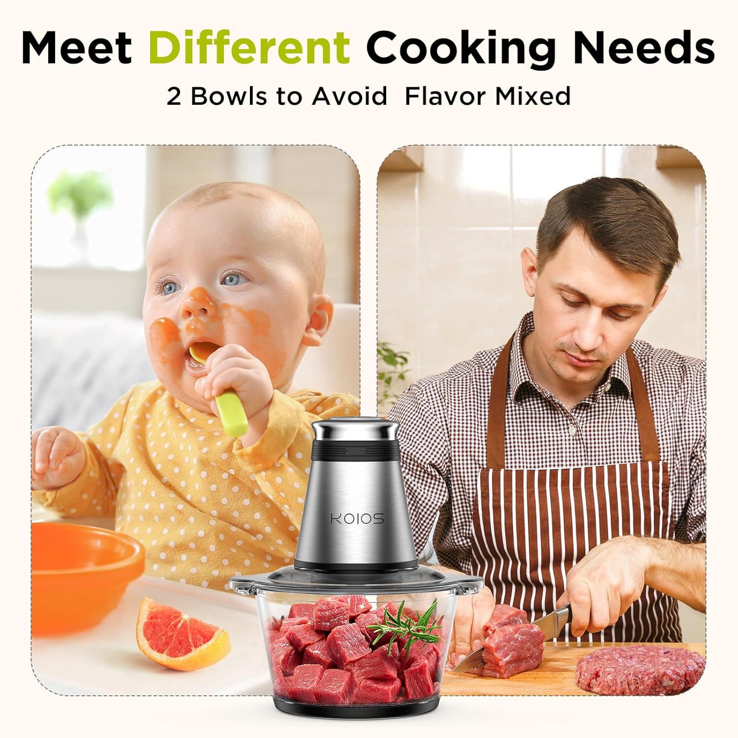 image:imageKOIOS Food Processor 500W Electric Food Chopper with 2 Bowls 8 Cup8 Cup amp 2 BiLevel Bladesamp Small Electric Grinder Meat Processor for Nuts Meat Onion Garlic Baby Food BlueBlack