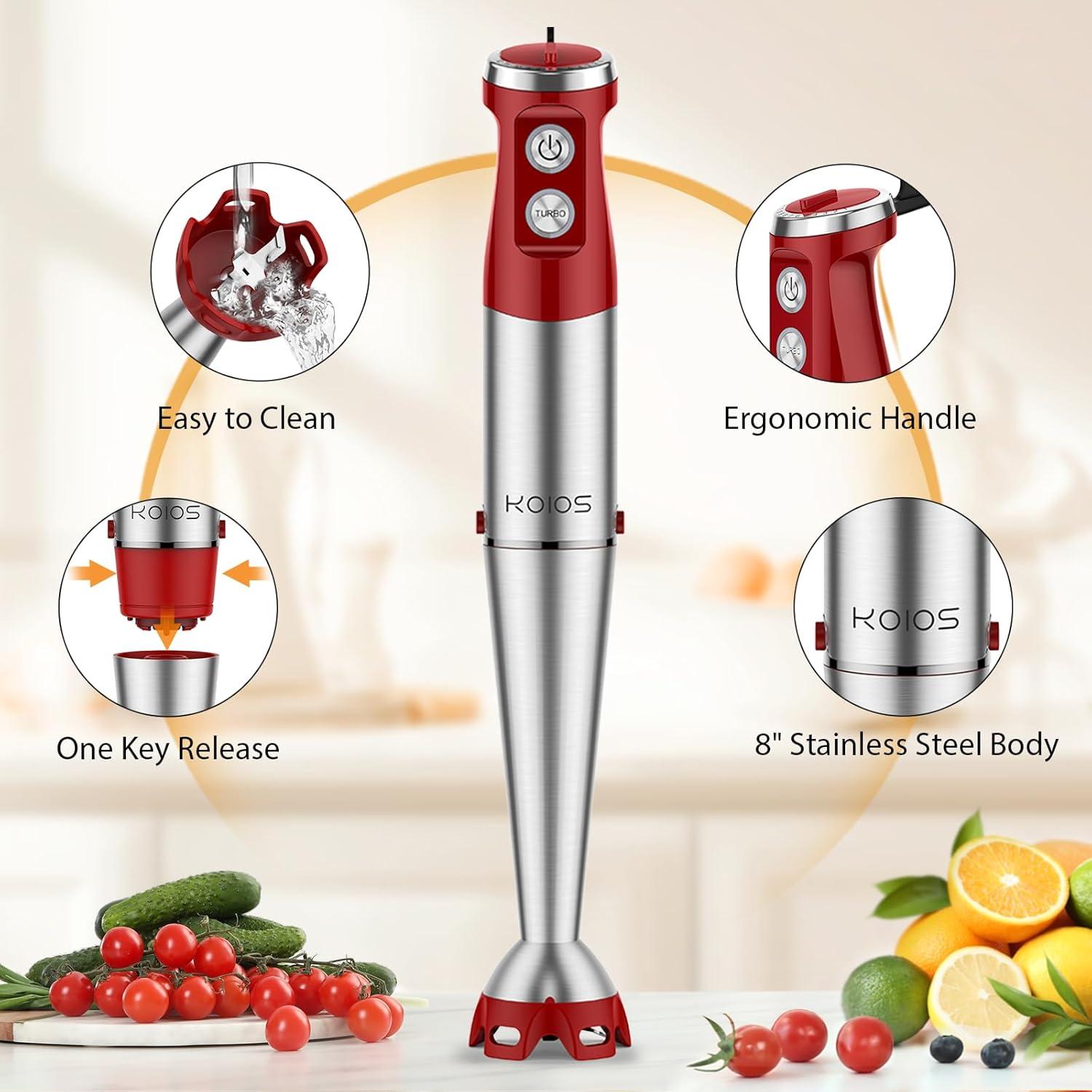 image:imageKOIOS Immersion Blender 1000W Antiscratch 3in1 Hand Blender Upgraded 12 Speed Stainless Steel Blade Stick Blenders with Turbo Mode Whisk and Milk Frother NonBPARed