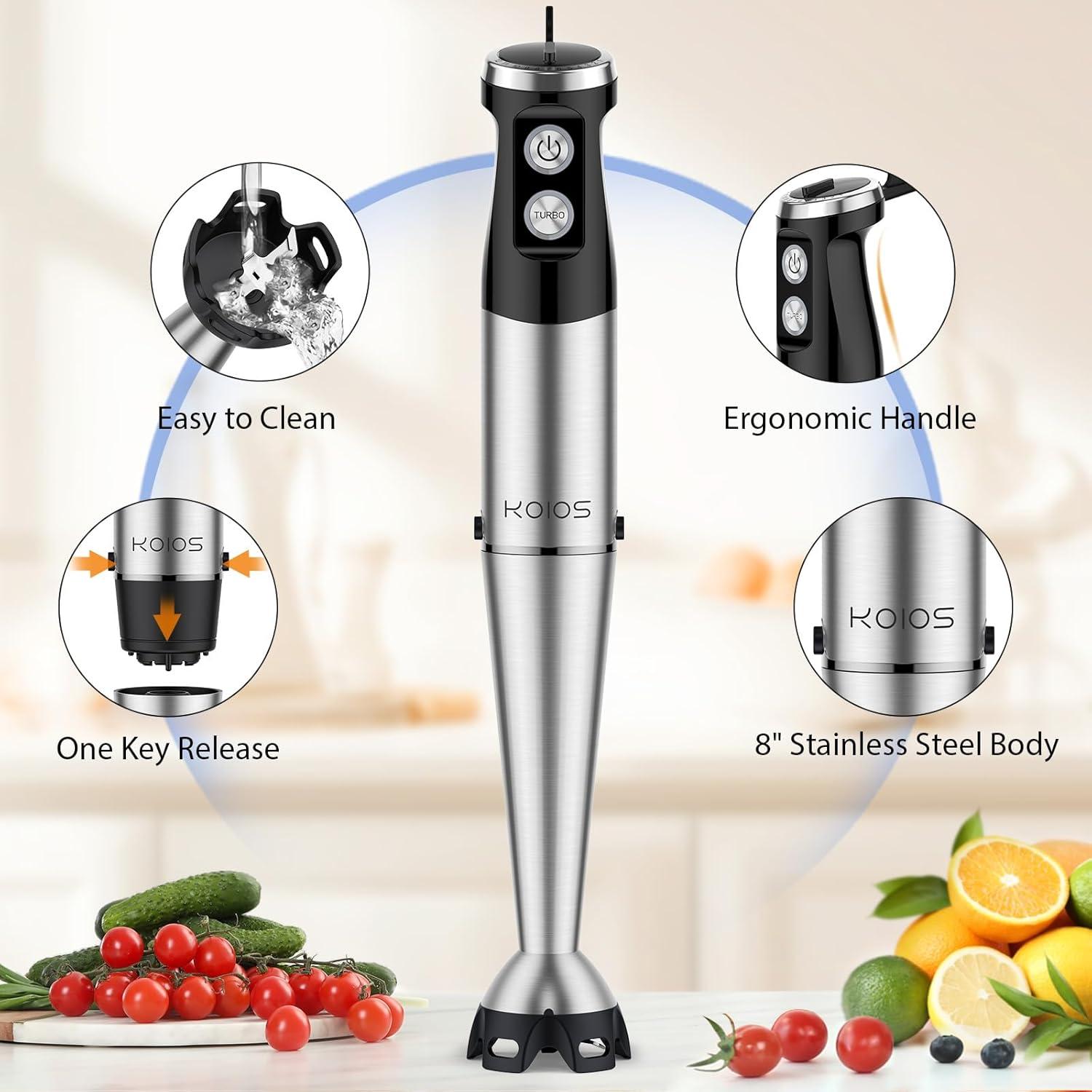image:imageKOIOS Immersion Blender 1000W Antiscratch 3in1 Hand Blender Upgraded 12 Speed Stainless Steel Blade Stick Blenders with Turbo Mode Whisk and Milk Frother NonBPABlack