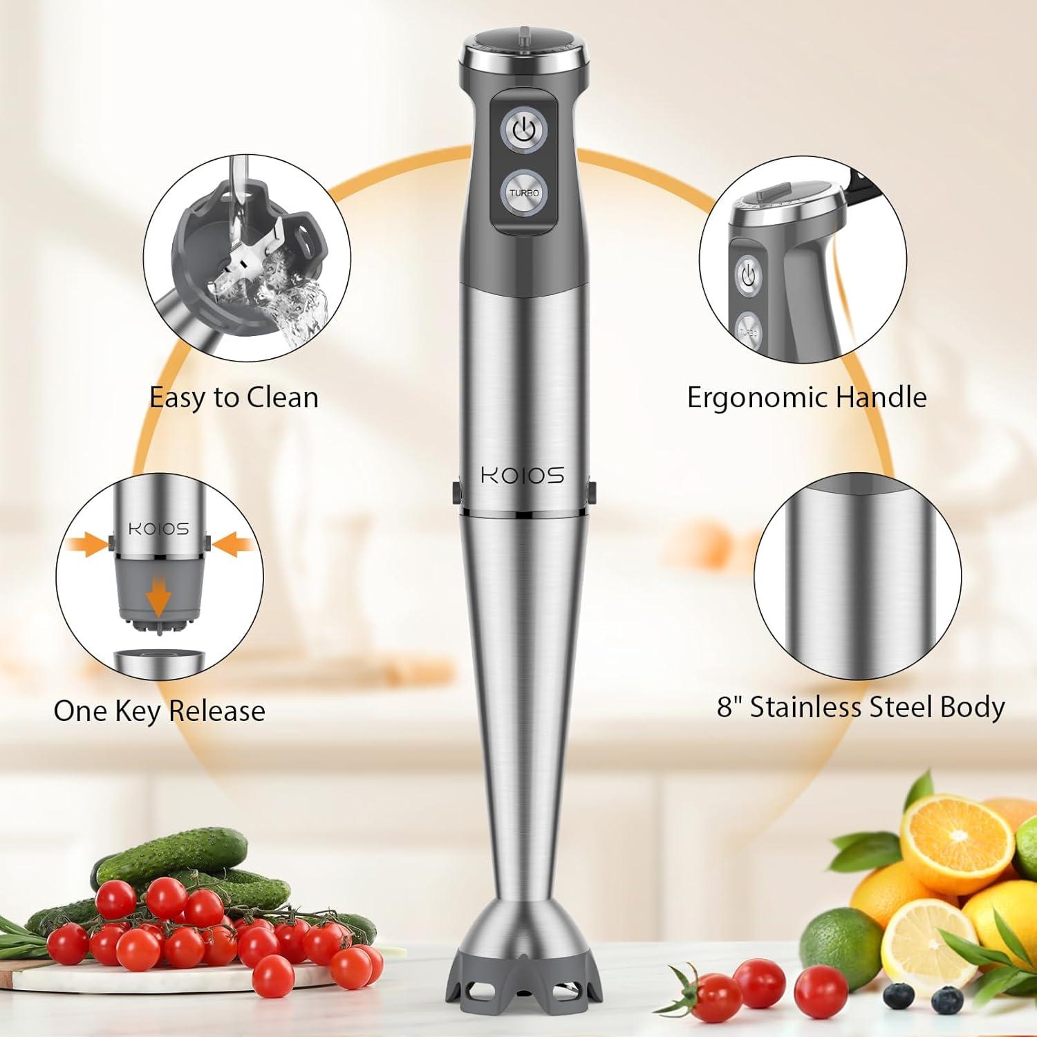 image:imageKOIOS Immersion Blender 1000W Antiscratch 3in1 Hand Blender Upgraded 12 Speed Stainless Steel Blade Stick Blenders with Turbo Mode Whisk and Milk Frother NonBPASilver
