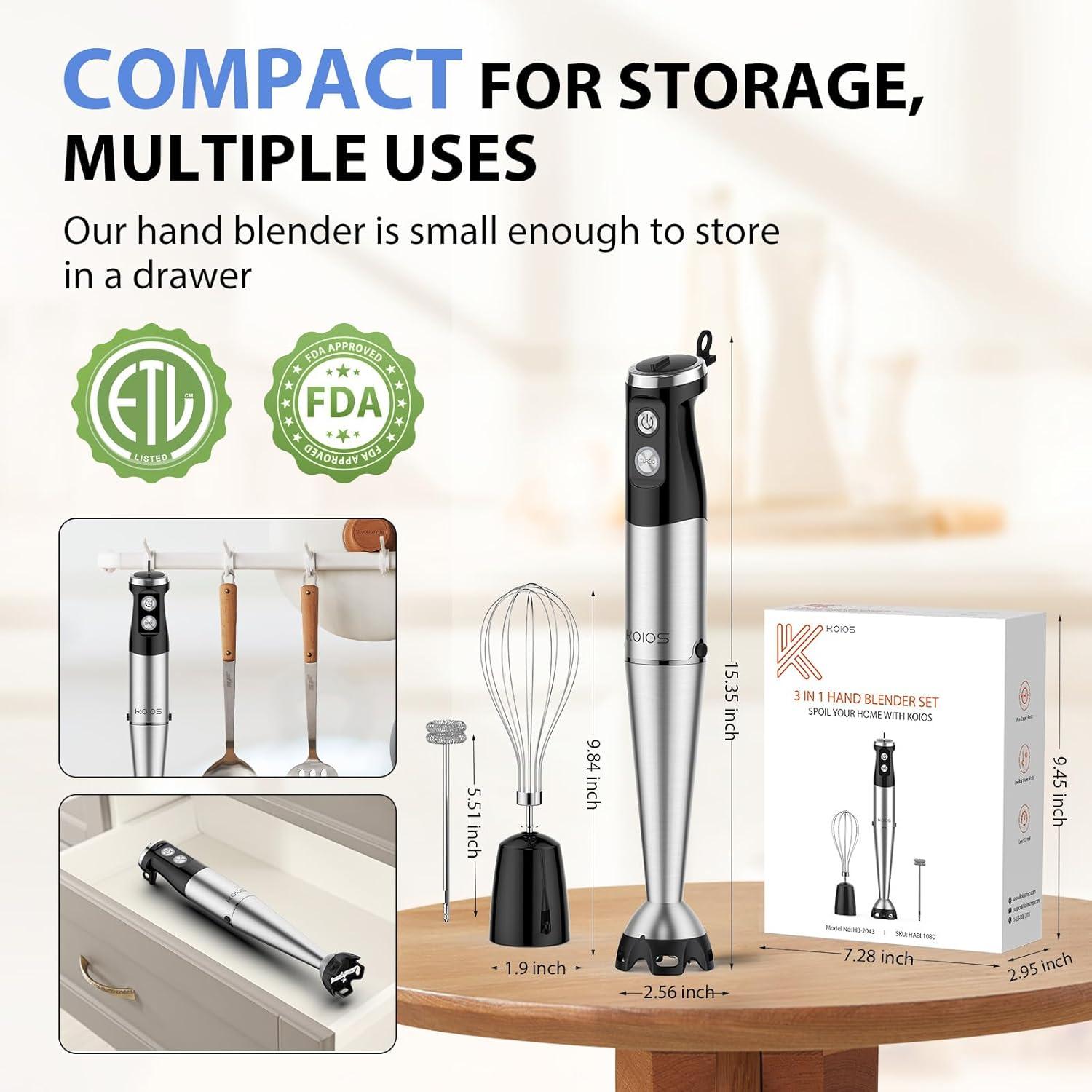 image:imageKOIOS Immersion Blender 1000W Antiscratch 3in1 Hand Blender Upgraded 12 Speed Stainless Steel Blade Stick Blenders with Turbo Mode Whisk and Milk Frother NonBPABlack
