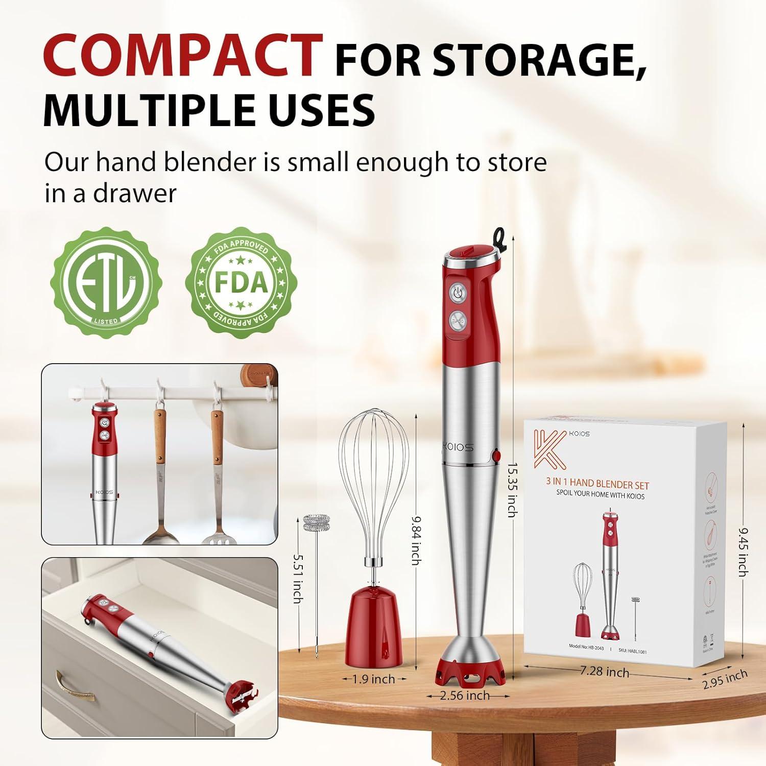 image:imageKOIOS Immersion Blender 1000W Antiscratch 3in1 Hand Blender Upgraded 12 Speed Stainless Steel Blade Stick Blenders with Turbo Mode Whisk and Milk Frother NonBPARed