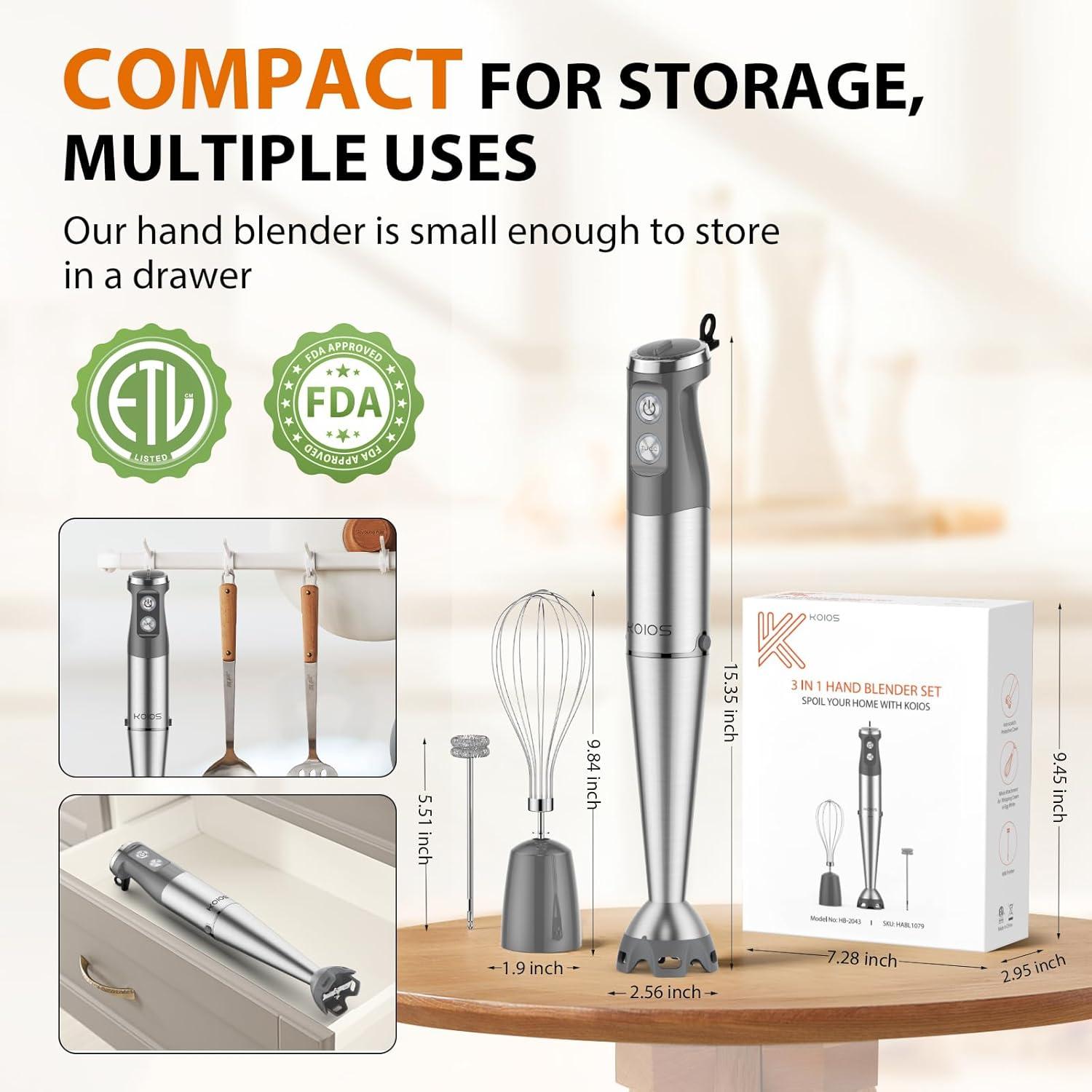 image:imageKOIOS Immersion Blender 1000W Antiscratch 3in1 Hand Blender Upgraded 12 Speed Stainless Steel Blade Stick Blenders with Turbo Mode Whisk and Milk Frother NonBPASilver