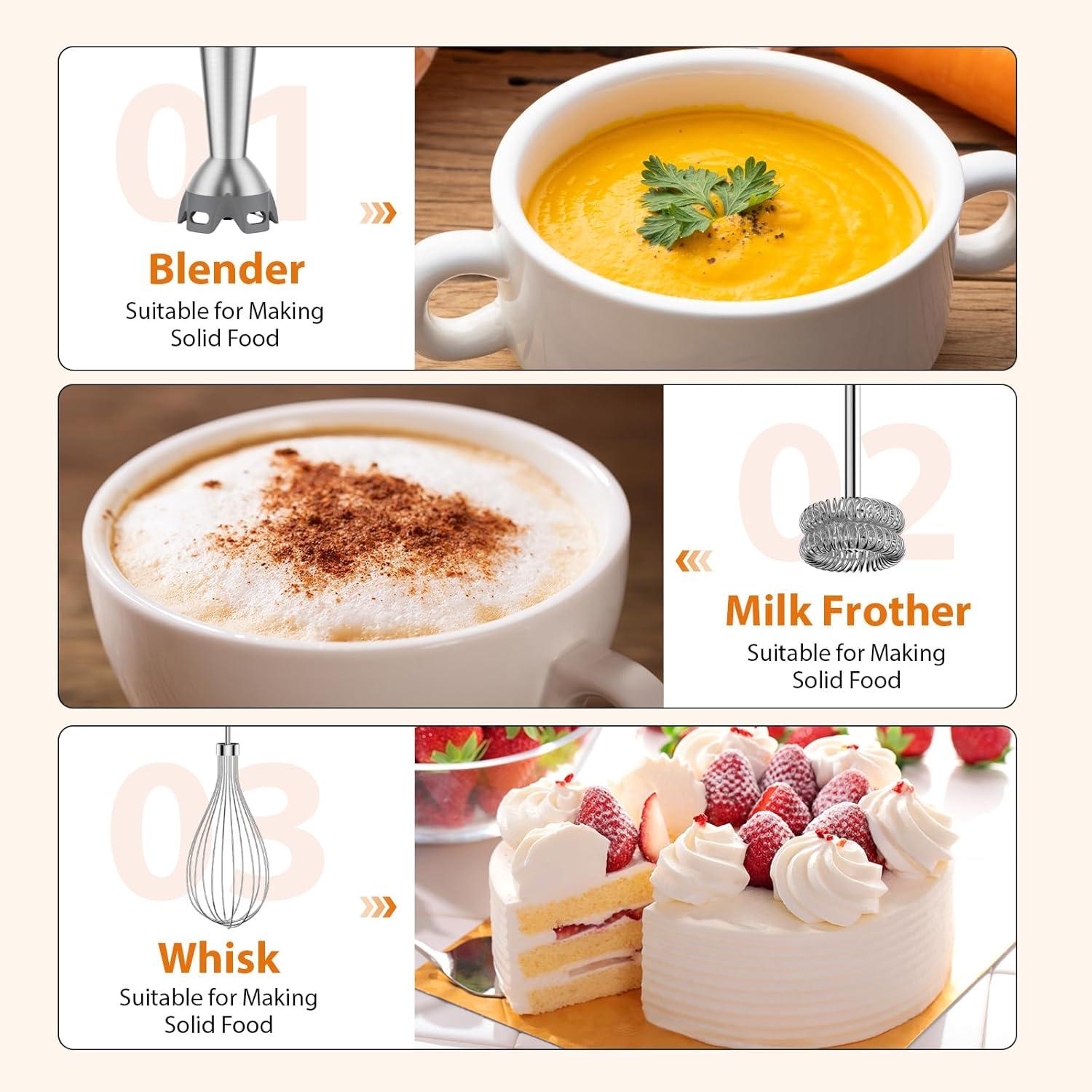 image:imageKOIOS Immersion Blender 1000W Antiscratch 3in1 Hand Blender Upgraded 12 Speed Stainless Steel Blade Stick Blenders with Turbo Mode Whisk and Milk Frother NonBPASilver
