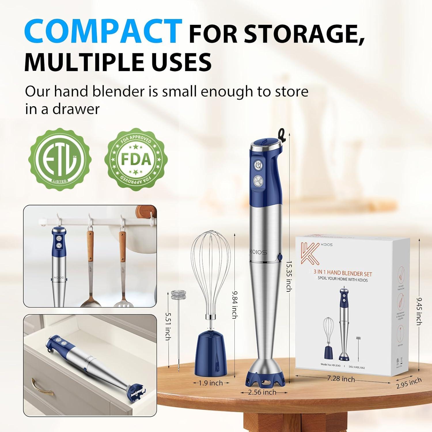 image:imageKOIOS Immersion Blender 1000W Antiscratch 3in1 Hand Blender Upgraded 12 Speed Stainless Steel Blade Stick Blenders with Turbo Mode Whisk and Milk Frother NonBPABlue