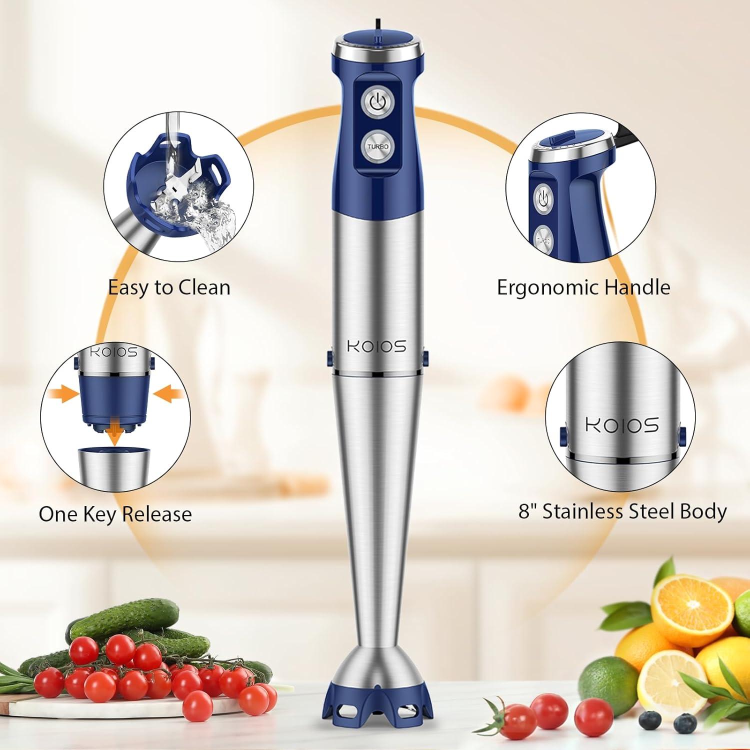 image:imageKOIOS Immersion Blender 1000W Antiscratch 3in1 Hand Blender Upgraded 12 Speed Stainless Steel Blade Stick Blenders with Turbo Mode Whisk and Milk Frother NonBPABlue