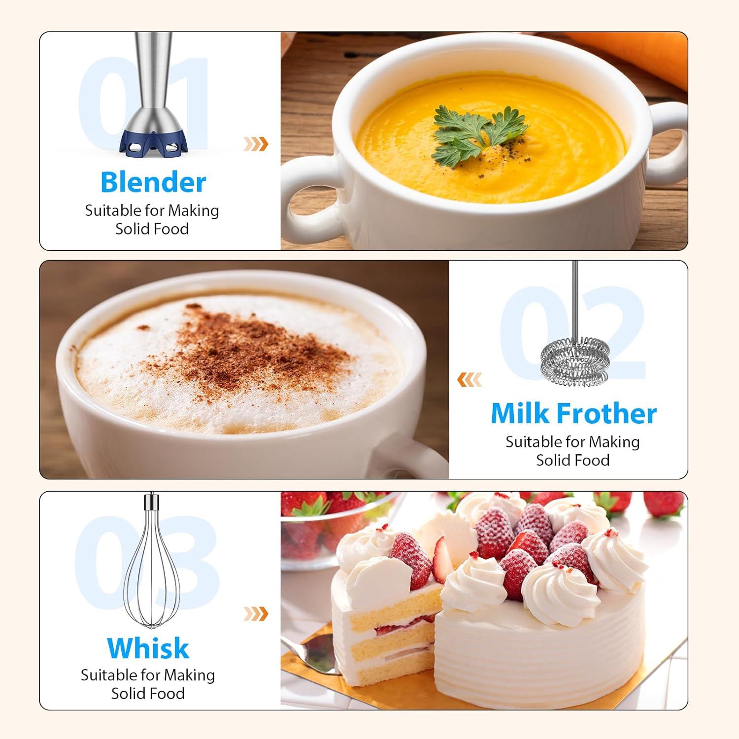 image:imageKOIOS Immersion Blender 1000W Antiscratch 3in1 Hand Blender Upgraded 12 Speed Stainless Steel Blade Stick Blenders with Turbo Mode Whisk and Milk Frother NonBPABlue