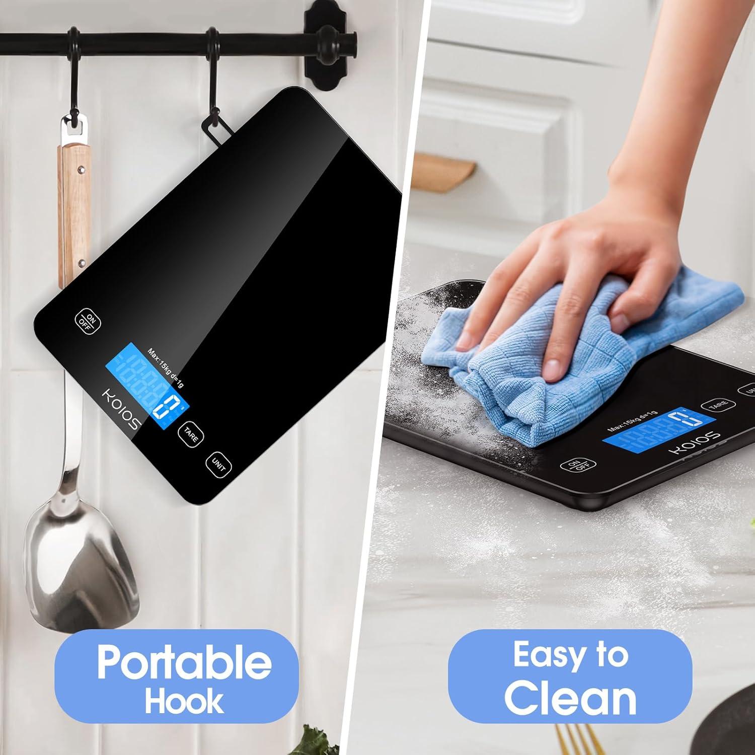 image:imageKOIOS Kitchen Scale 33lb15kg Digital Food Scales Weight in Grams and Ounces for Cooking Baking 1g01oz Precise Graduation Batteries and TypeC Charging Tare Function LCD Display WhiteBlack