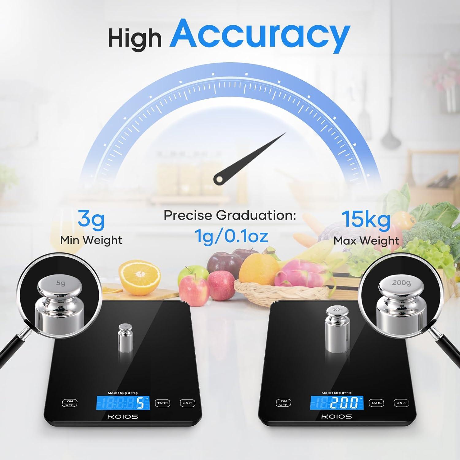 image:imageKOIOS Kitchen Scale 33lb15kg Digital Food Scales Weight in Grams and Ounces for Cooking Baking 1g01oz Precise Graduation Batteries and TypeC Charging Tare Function LCD Display WhiteBlack