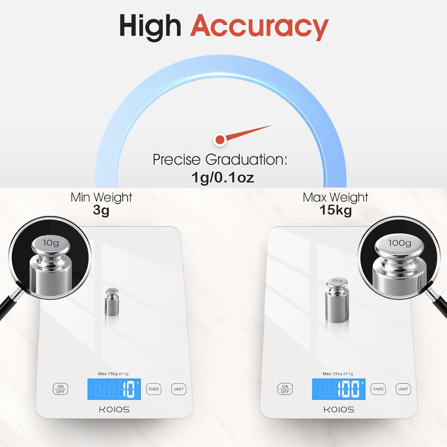 image:imageKOIOS Kitchen Scale 33lb15kg Digital Food Scales Weight in Grams and Ounces for Cooking Baking 1g01oz Precise Graduation Batteries and TypeC Charging Tare Function LCD Display WhiteWhite