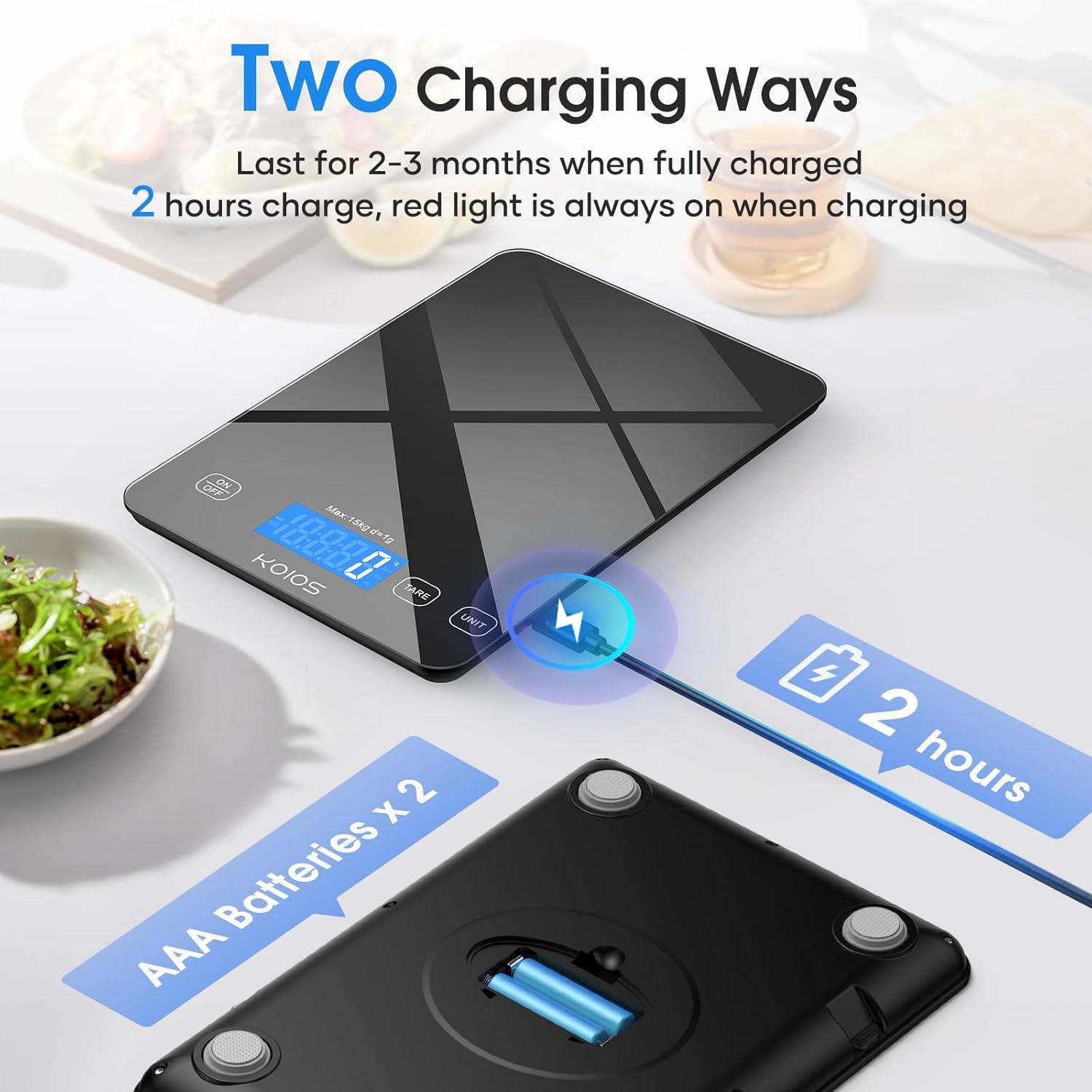image:imageKOIOS Kitchen Scale 33lb15kg Digital Food Scales Weight in Grams and Ounces for Cooking Baking 1g01oz Precise Graduation Batteries and TypeC Charging Tare Function LCD Display WhiteBlack