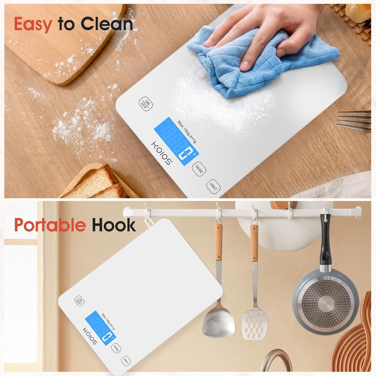 image:imageKOIOS Kitchen Scale 33lb15kg Digital Food Scales Weight in Grams and Ounces for Cooking Baking 1g01oz Precise Graduation Batteries and TypeC Charging Tare Function LCD Display WhiteWhite