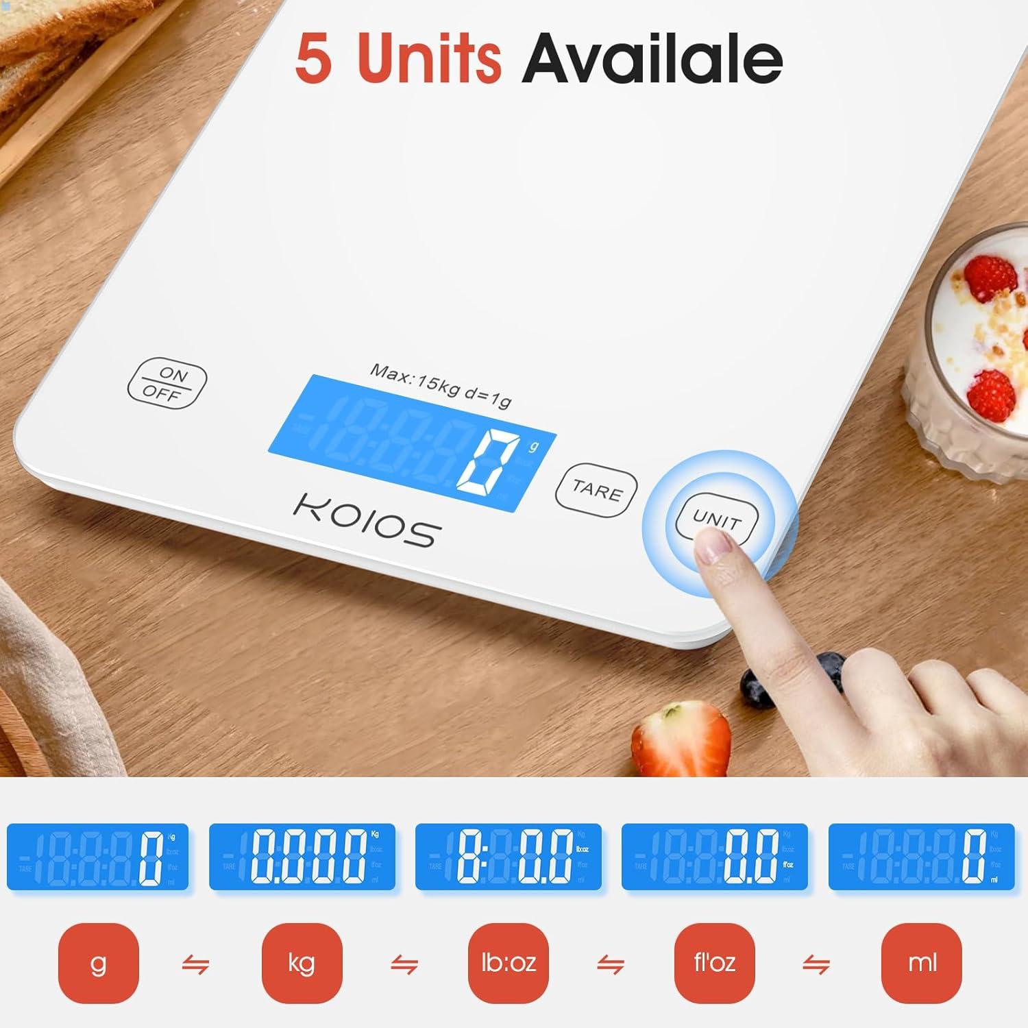 image:imageKOIOS Kitchen Scale 33lb15kg Digital Food Scales Weight in Grams and Ounces for Cooking Baking 1g01oz Precise Graduation Batteries and TypeC Charging Tare Function LCD Display WhiteWhite