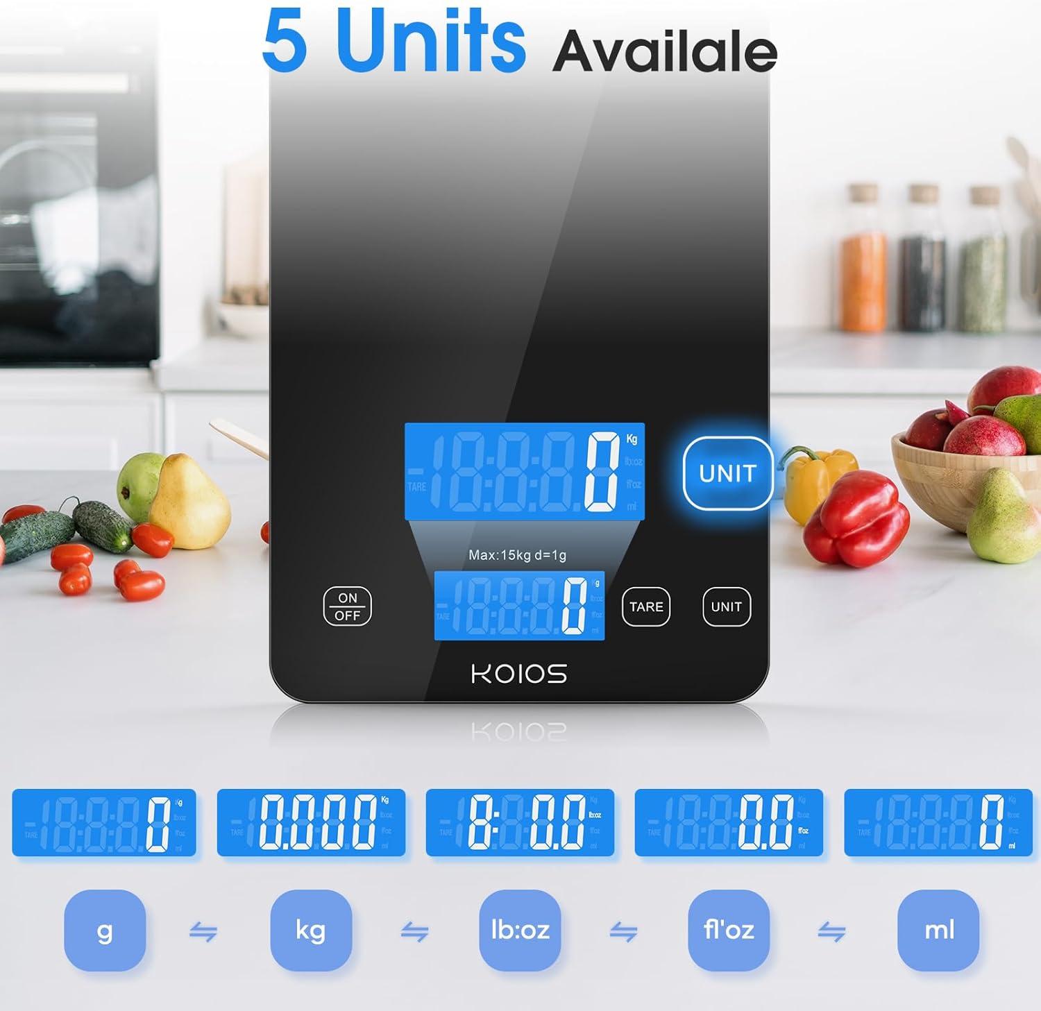 image:imageKOIOS Kitchen Scale 33lb15kg Digital Food Scales Weight in Grams and Ounces for Cooking Baking 1g01oz Precise Graduation Batteries and TypeC Charging Tare Function LCD Display WhiteBlack