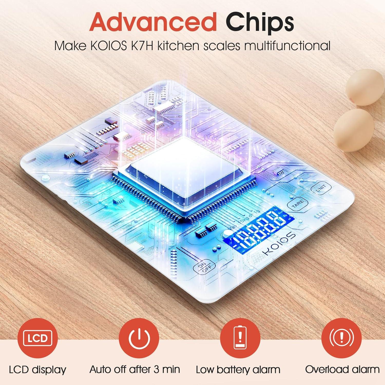image:imageKOIOS Kitchen Scale 33lb15kg Digital Food Scales Weight in Grams and Ounces for Cooking Baking 1g01oz Precise Graduation Batteries and TypeC Charging Tare Function LCD Display WhiteWhite