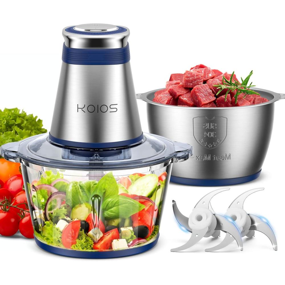 image:imageKOIOS Food Processor 500W Electric Food Chopper with 2 Bowls 8 Cup8 Cup amp 2 BiLevel Bladesamp Small Electric Grinder Meat Processor for Nuts Meat Onion Garlic Baby Food BlueBlue