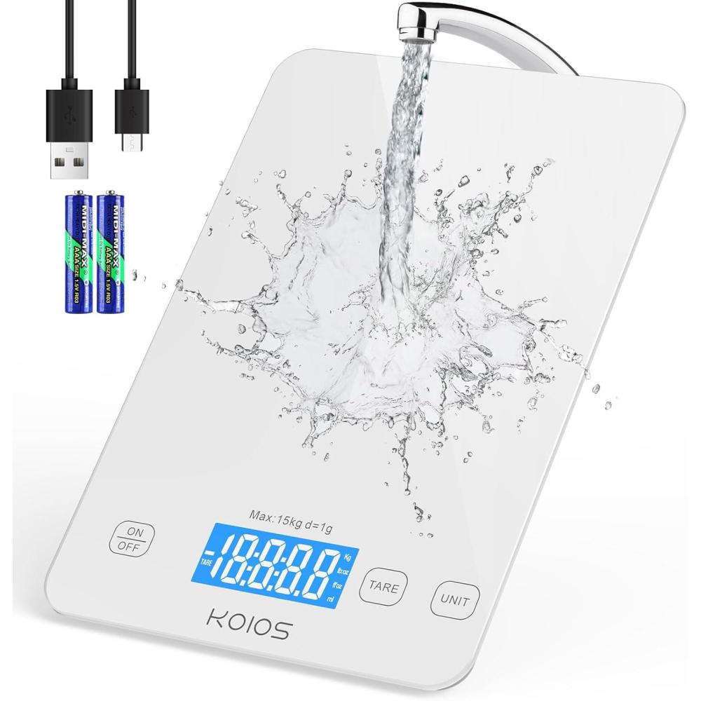image:imageKOIOS Kitchen Scale 33lb15kg Digital Food Scales Weight in Grams and Ounces for Cooking Baking 1g01oz Precise Graduation Batteries and TypeC Charging Tare Function LCD Display WhiteWhite