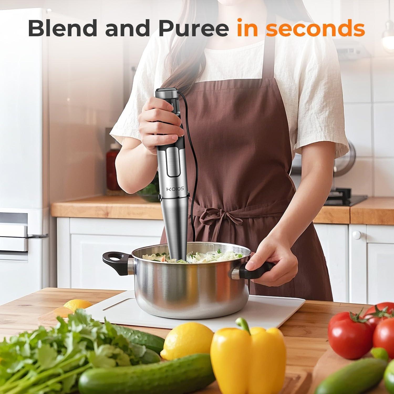 image:imageKOIOS Immersion Blender Handheld Trigger Variable Speed 5in1 Immersion Hand Blender 1100W AntiScratch Stainless Steel Shaft Chopper amp Milk Frother NonBPA for Soup Baby Food and Smoothies