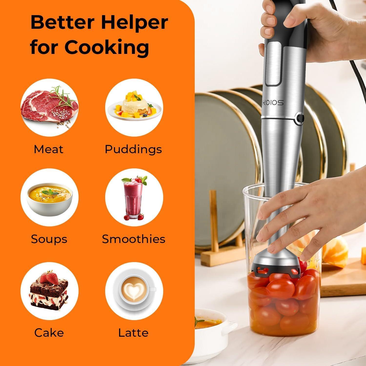 image:imageKOIOS Immersion Blender Handheld Trigger Variable Speed 5in1 Immersion Hand Blender 1100W AntiScratch Stainless Steel Shaft Chopper amp Milk Frother NonBPA for Soup Baby Food and Smoothies