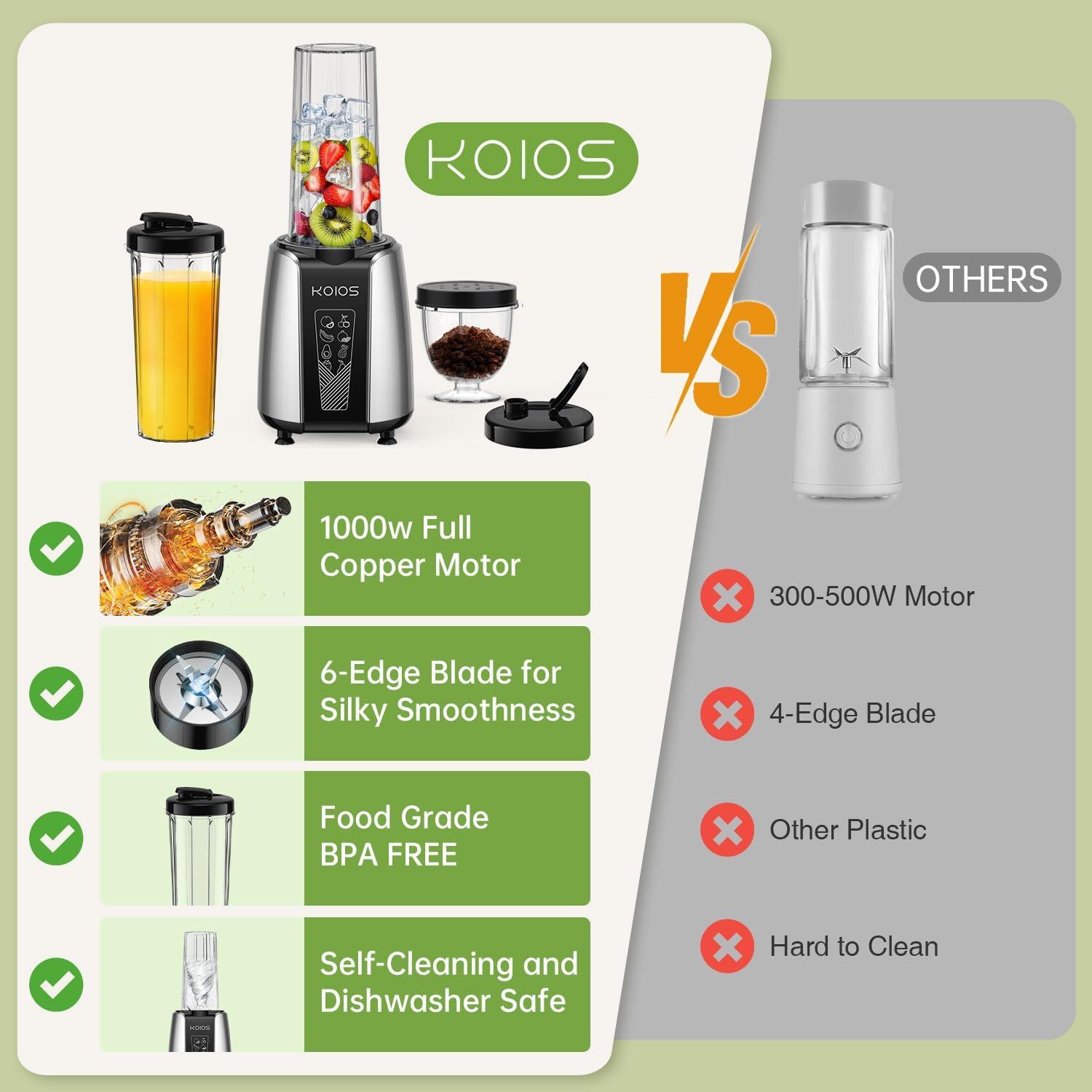 image:imageKOIOS Smoothie Blender Max 1000w Personal Blender for Shakes and Smoothies 12Pcs Coffee Grinder and Countertop Blenders Combo for Kitchen Portable Smoothie Blenders with 2x22 oz ToGo Cups NonBPA