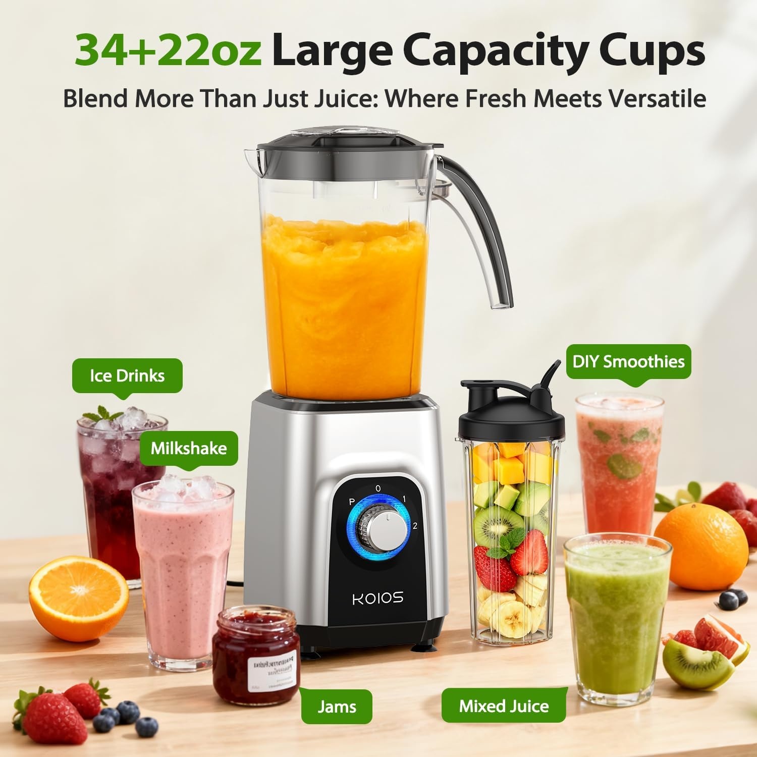 image:imageKOIOS BlenderFood Processor Combo Max 1000W 4 in 1 34oz Pitcher 22oz Blending Cup Meat Grinder amp Vegetable Chopper Spice GrinderBPA Free AllinOne Kitchen System Dishwasher Safe